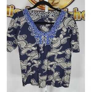 Lucky Brand Womens BOHO Top Navy Ivory Paisley Embroidered Blouse Size M